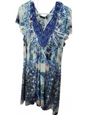 Apt.9 Boho Dress Women's 2X Cobalt Blue Paisley Crochet Trim Studded - Pre-owned
